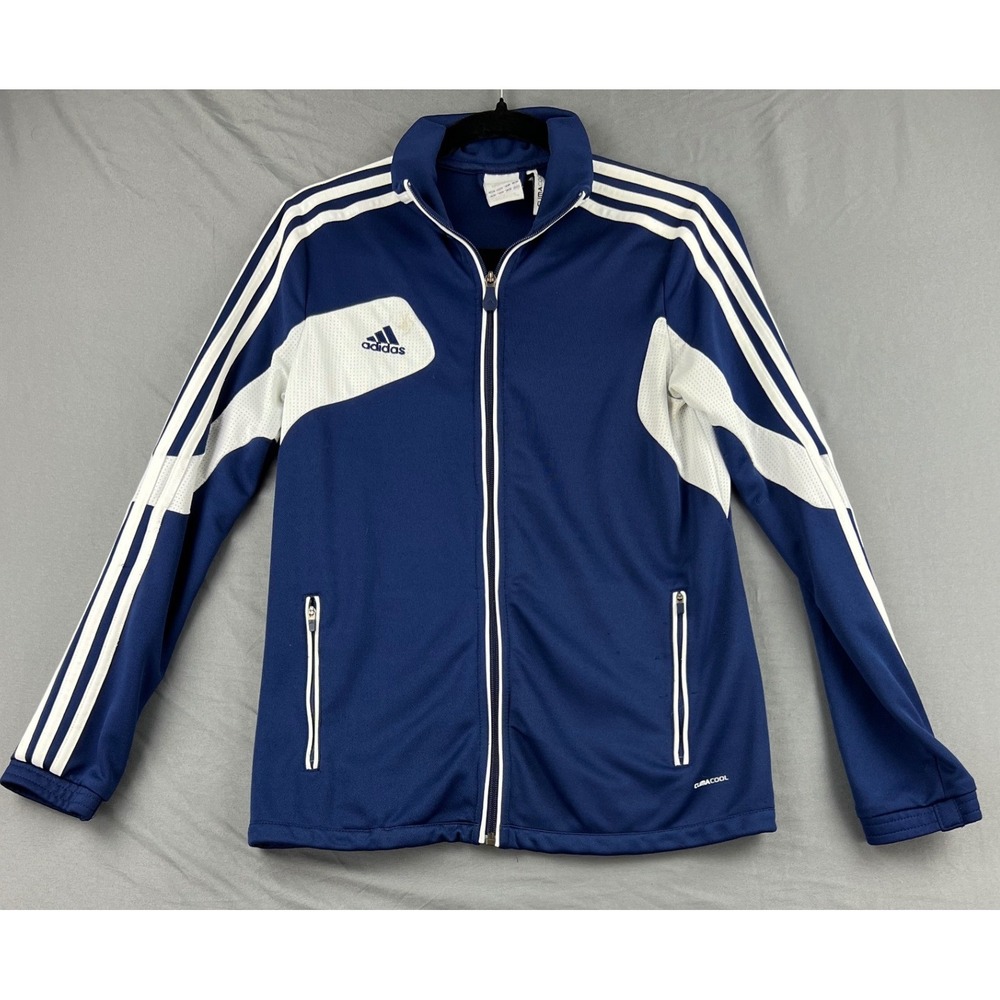 Adidas Track Jacket Womens Medium ClimaCool Full Zip Navy Blue 3-Stripe Good
